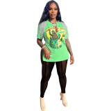 Women Hip-Hop Printed Tassel Split Top And Mesh Leggings Two-Piece Set