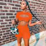 Women Summer Hollow Out Sexy Bodysuit And Shorts Two-Piece Set