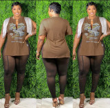 Women Hip-Hop Printed Tassel Split Top And Mesh Leggings Two-Piece Set