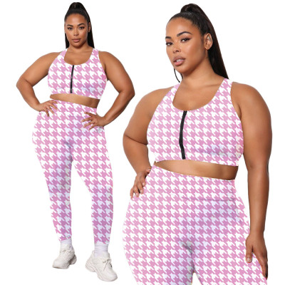 Plus Size Women Houndstooth Print Sleeveless Top And Pants Casual Two Piece Set