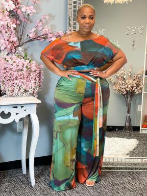 Plus Size Women Casual Tie Dyed Print Top And Pant Two Piece Set