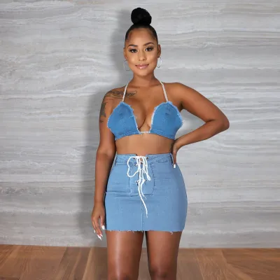 Women Summer Bandage Denim Bodycon Dress
