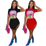 Women Summer Cartoon Printed Short Sleeve Slit Irregular Mini Dress