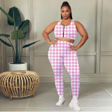 Plus Size Women Houndstooth Print Sleeveless Top And Pants Casual Two Piece Set