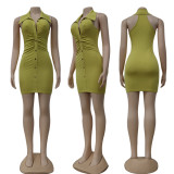 Summer Slim Fit Turndown Collar Sleeveless Solid Color Bodycon Dress