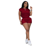 Summer Women's Solid Color Round Neck Sports Two Piece Shorts Set