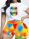 Women's Fashion Casual Printed T-Shirt Top Color Contrast Shorts Two Piece Set