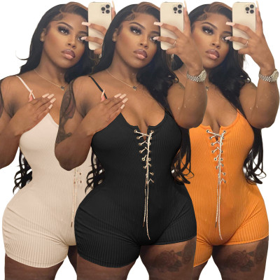 Ladies Casual Sexy Slim Solid Color Lace Up Straps High Elastic Playsuit