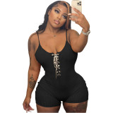 Ladies Casual Sexy Slim Solid Color Lace Up Straps High Elastic Playsuit