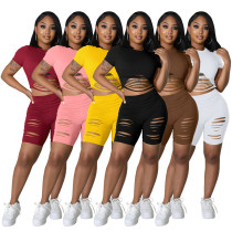 Women's Casual Sports Solid Color Short Sleeve Two Piece Shorts Set