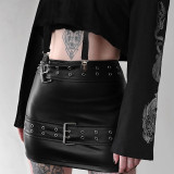 Summer Gothic Double Belt Slim Leather Skirt