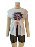graffiti print irregular slit sleeveless T-shirt mesh See Through shorts two piece set