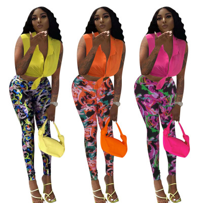 Spring/Summer Women's Solid Color Sleeveless Shirt Printed Pants Two Piece Set
