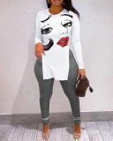 Women's Fashion Letter Print Slit Tight Long Sleeve Top Two Piece Pants Set