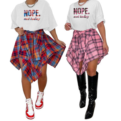 Women's Print T-shirt Plaid Skirt Two Piece Set