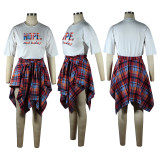 Women's Print T-shirt Plaid Skirt Two Piece Set
