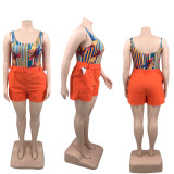 Plus Size Ladies Fashion Print Beach Swimwear with Belt Pockets Home Two-Piece Set