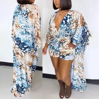Ladies Print Deep V Neck Cape Women Playsuit