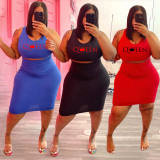 Plus Size Women Fashion Print Casual Two Piece Skirt Set