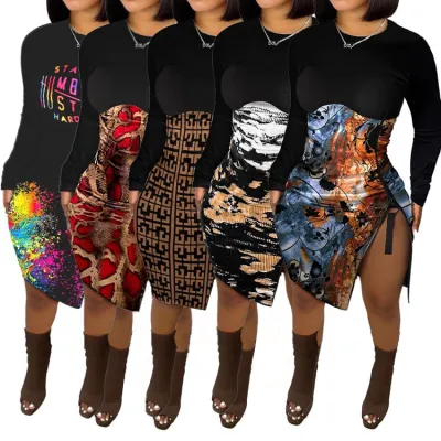 Women's Fashion Printed Slit High Waist Skinny Dress