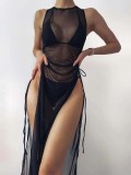 Women's Fashion Swimwear Solid Color Split Mesh Dress Bikini Three-piece Set