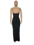 Women's solid color slim halterneck backless dress