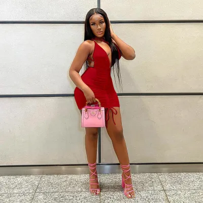 Fashion women's deep V backless sexy bodycon solid color dress
