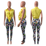 Spring/Summer Women's Solid Color Sleeveless Shirt Printed Pants Two Piece Set