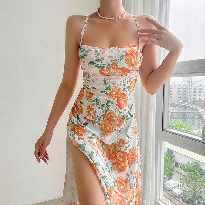 Summer Women Sexy Printed Slit Backless Cross Straps Dress