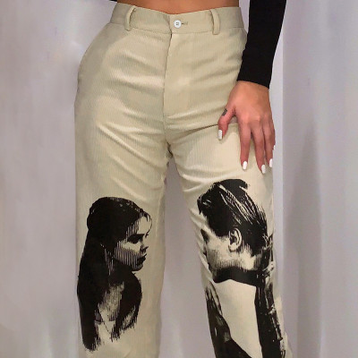 Women Printed High Waist Corduroy Pants