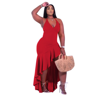 Plus Size Women Sexy Backless Solid Ruffled Slit Long Dress