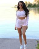 Women V-Neck Solid Off Shoulder Long Sleeve Top And Shorts Two-Piece Set