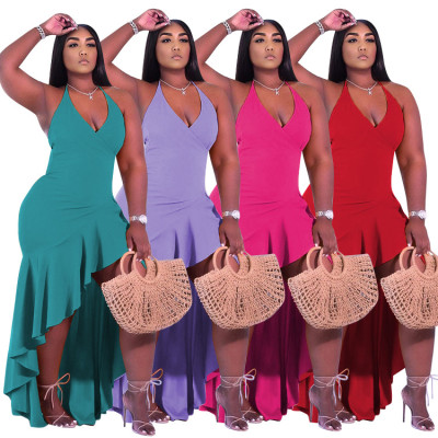 Plus Size Women Sexy Backless Solid Ruffled Slit Long Dress