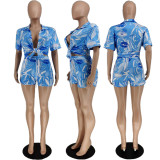 Women Fashion Printed Short Sleeve Shirt Tie And Beach Pants Casual Two Piece Set