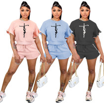 Women Summer Letter Print Ruffles Short Sleeve Top And Shorts Casual Two Piece Set