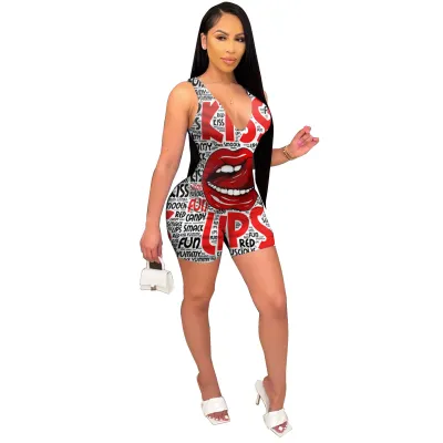 Women Fashion Sexy V-Neck Lips Print Romper