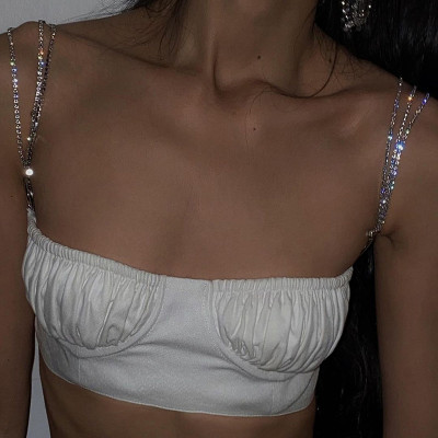 Summer Women Sexy Solid Diamond Chain Pleated Straps Top