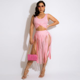 women's sexy fringed skirt two piece set