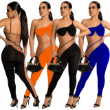 Women's Solid Color Mesh patchwork Jumpsuit Sexy One-shoulder Open-Back Suspenders