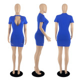 Women's solid color short skirt V-neck ripped dress