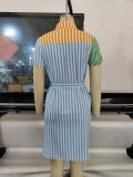 patchwork contrast stripe print lace-up shirtdress dress