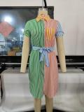patchwork contrast stripe print lace-up shirtdress dress