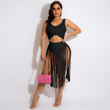 women's sexy fringed skirt two piece set