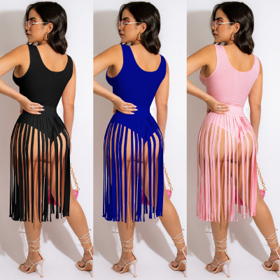 women's sexy fringed skirt two piece set