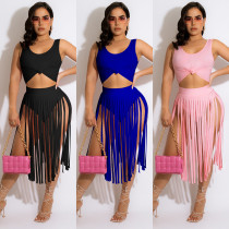 women's sexy fringed skirt two piece set