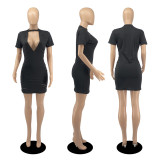 Women's solid color short skirt V-neck ripped dress