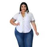 Fashion Plus Size Women's Check Button Turndown Collar Short Sleeve Shirt