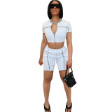 Women's Zipper Short Sleeve Fashion Sports Two Piece Shorts Set