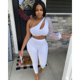Women's summer mesh single-sleeve elastic solid color sexy one-shoulder casual Two Piece Pants Set