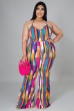 Plus Size Women's Fashion Printed Straps Striped Loose Jumpsuit